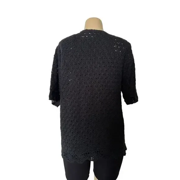 Vintage AGW Division of Graff Black Open Knit Cardigan XL Floral Embroidered - Picture 2 of 11